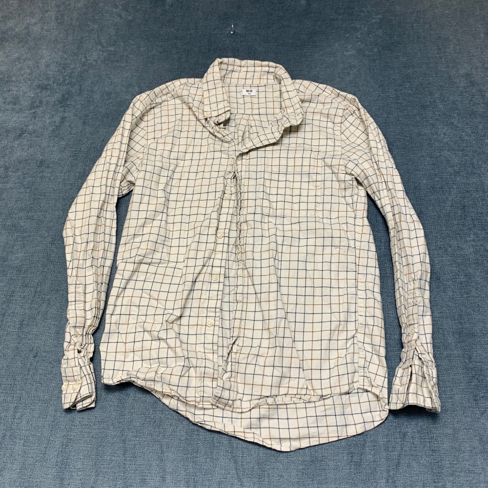 Uniqlo Broadcloth Shirt Men 2XS Off White Check Cotton Everyday Wear Button Down